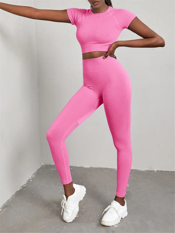 Elina Women's Solid Color Seamless Exercise Yoga Short Sleeve   Pants Two-Piece Suit