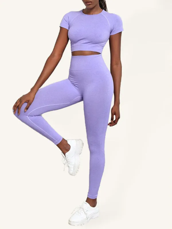 Elina Women's Solid Color Seamless Exercise Yoga Short Sleeve   Pants Two-Piece Suit