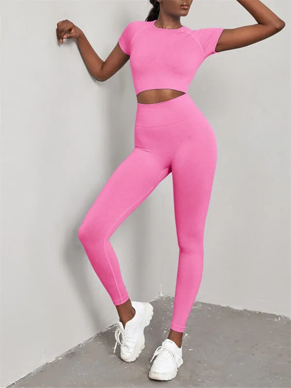 Elina Women's Solid Color Seamless Exercise Yoga Short Sleeve   Pants Two-Piece Suit