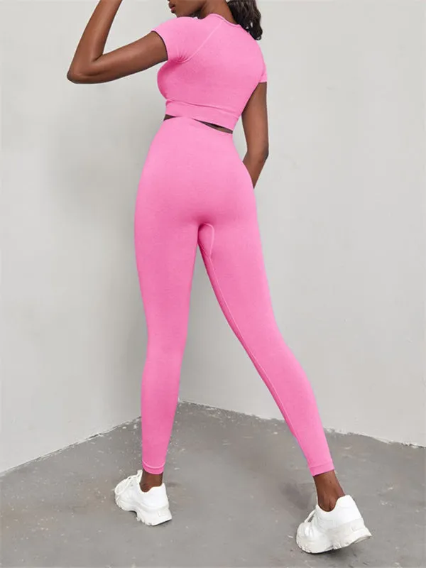 Elina Women's Solid Color Seamless Exercise Yoga Short Sleeve   Pants Two-Piece Suit