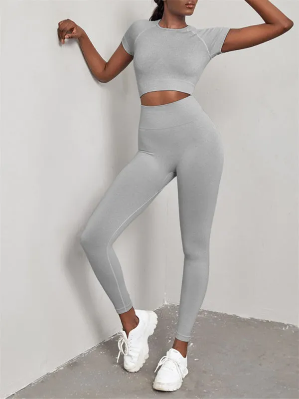 Elina Women's Solid Color Seamless Exercise Yoga Short Sleeve   Pants Two-Piece Suit