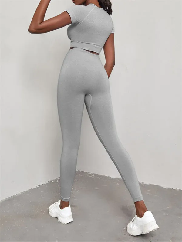 Elina Women's Solid Color Seamless Exercise Yoga Short Sleeve   Pants Two-Piece Suit