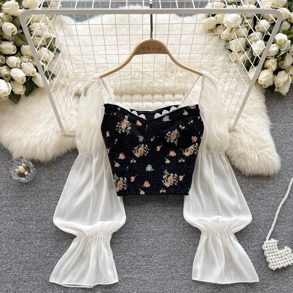 Floral Print Blouse Women Court Patchwork Flare Sleeve Elastic Waist Spring French Style Female Backless Short Tops