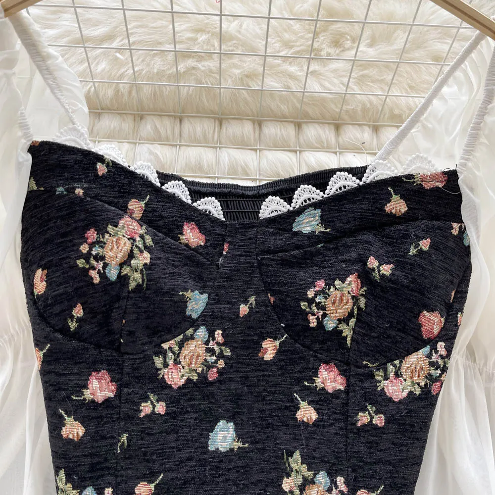 Floral Print Blouse Women Court Patchwork Flare Sleeve Elastic Waist Spring French Style Female Backless Short Tops