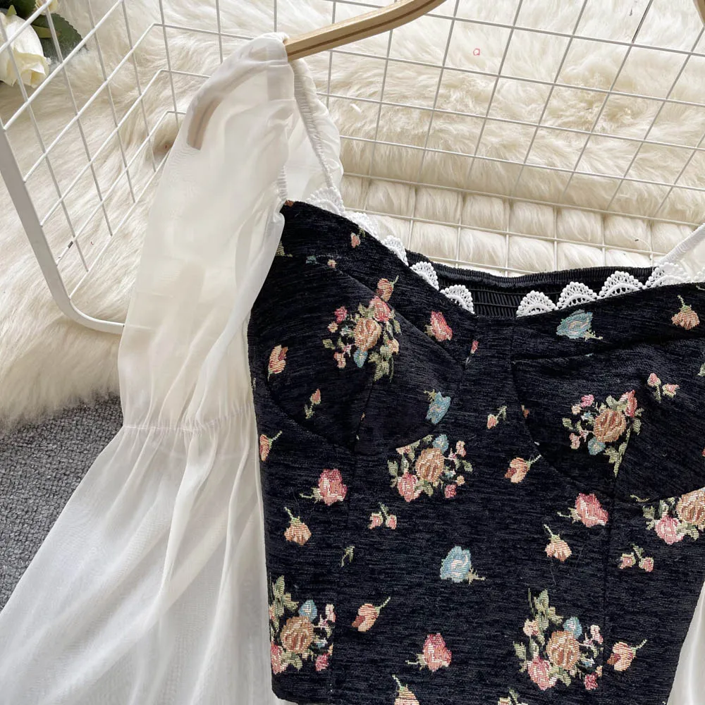 Floral Print Blouse Women Court Patchwork Flare Sleeve Elastic Waist Spring French Style Female Backless Short Tops