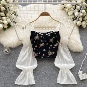 Floral Print Blouse Women Court Patchwork Flare Sleeve Elastic Waist Spring French Style Female Backless Short Tops