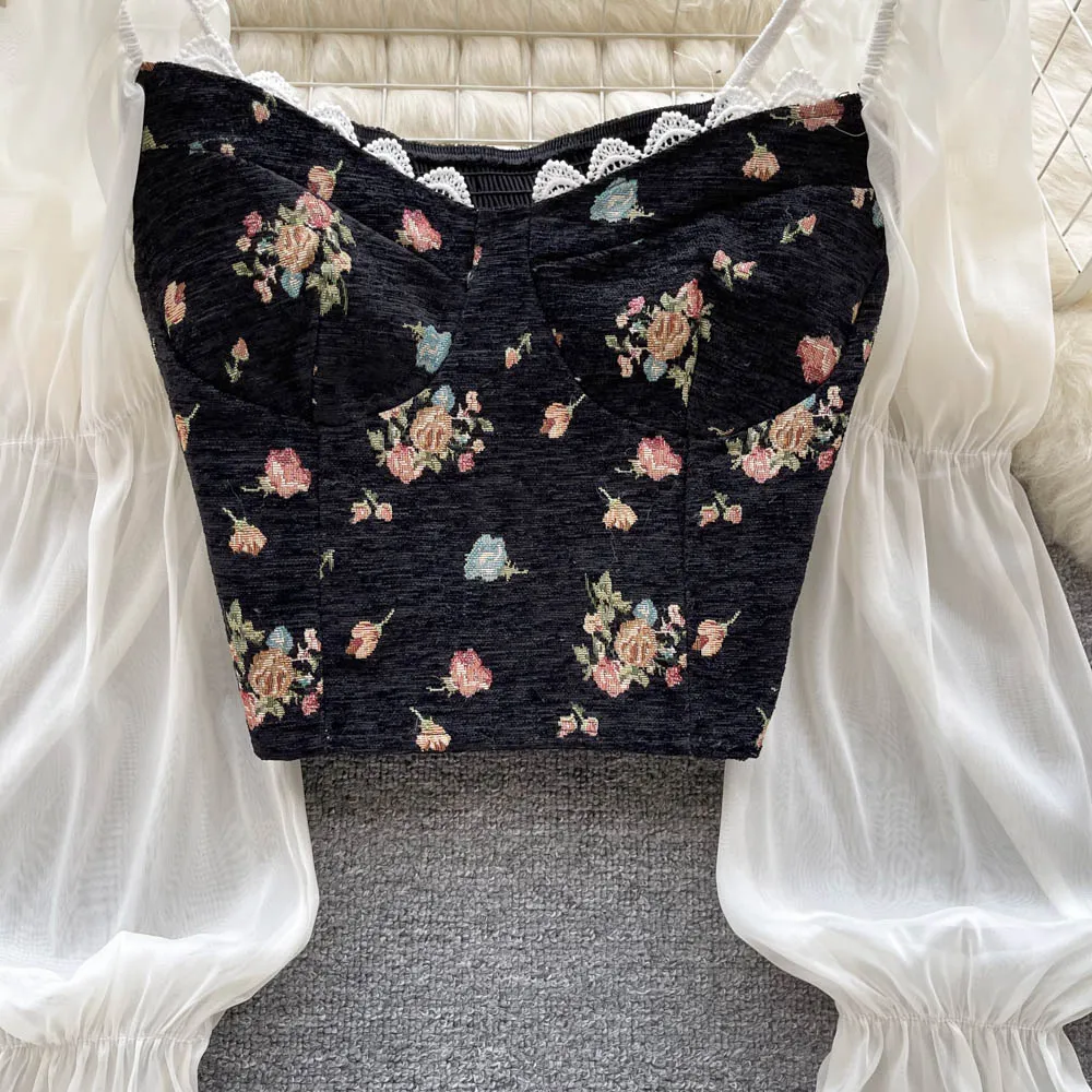 Floral Print Blouse Women Court Patchwork Flare Sleeve Elastic Waist Spring French Style Female Backless Short Tops
