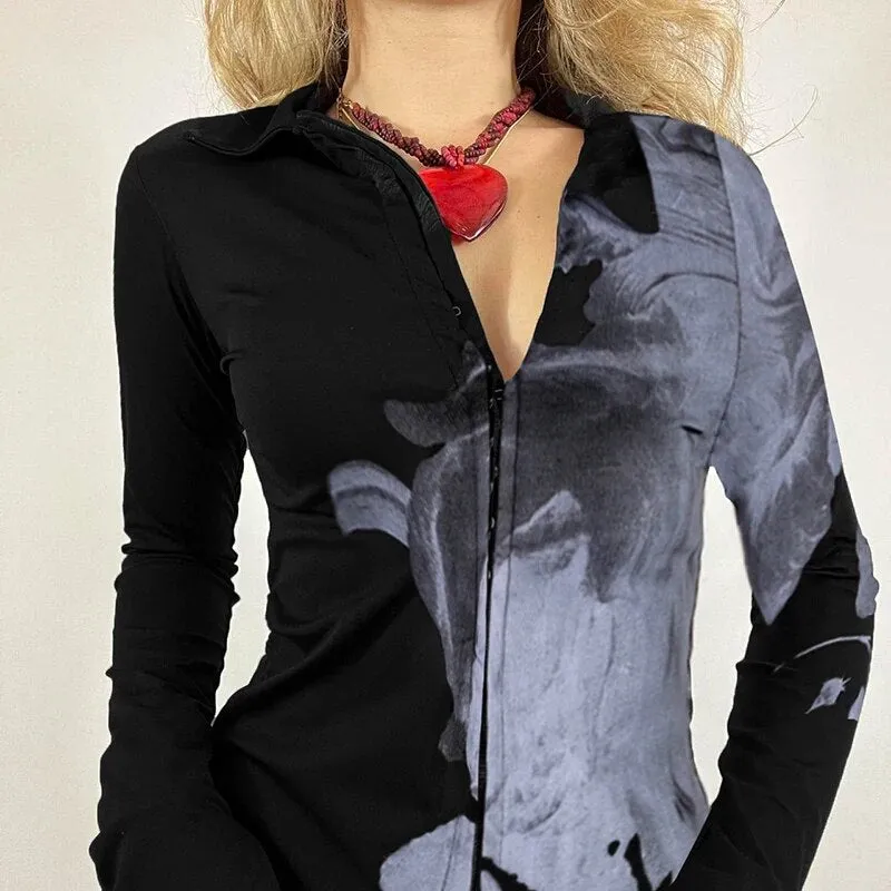 Gothic Graphic Printed Flare Sleeve Shirt