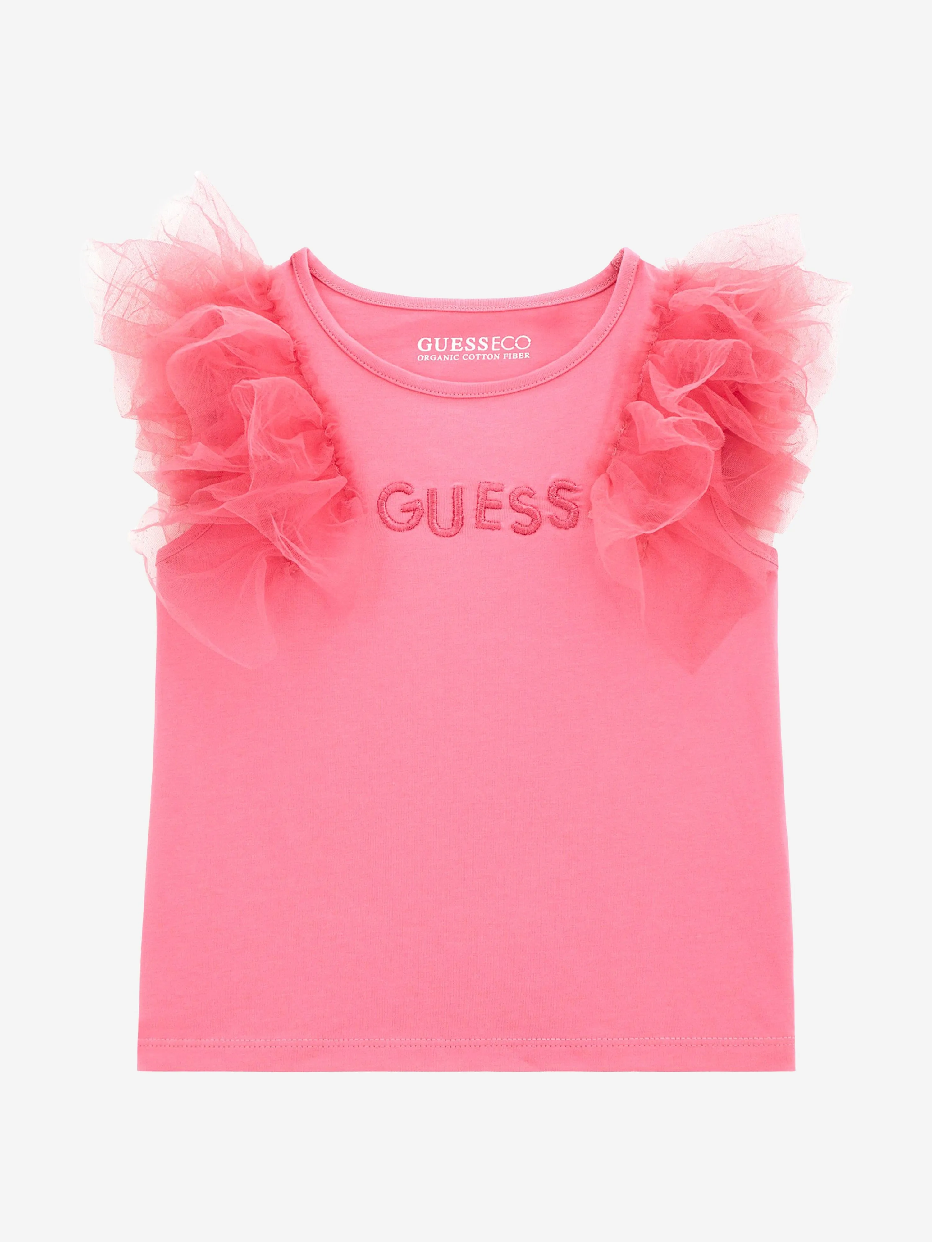 Guess Girls Tulle Trim T-Shirt in Pink
