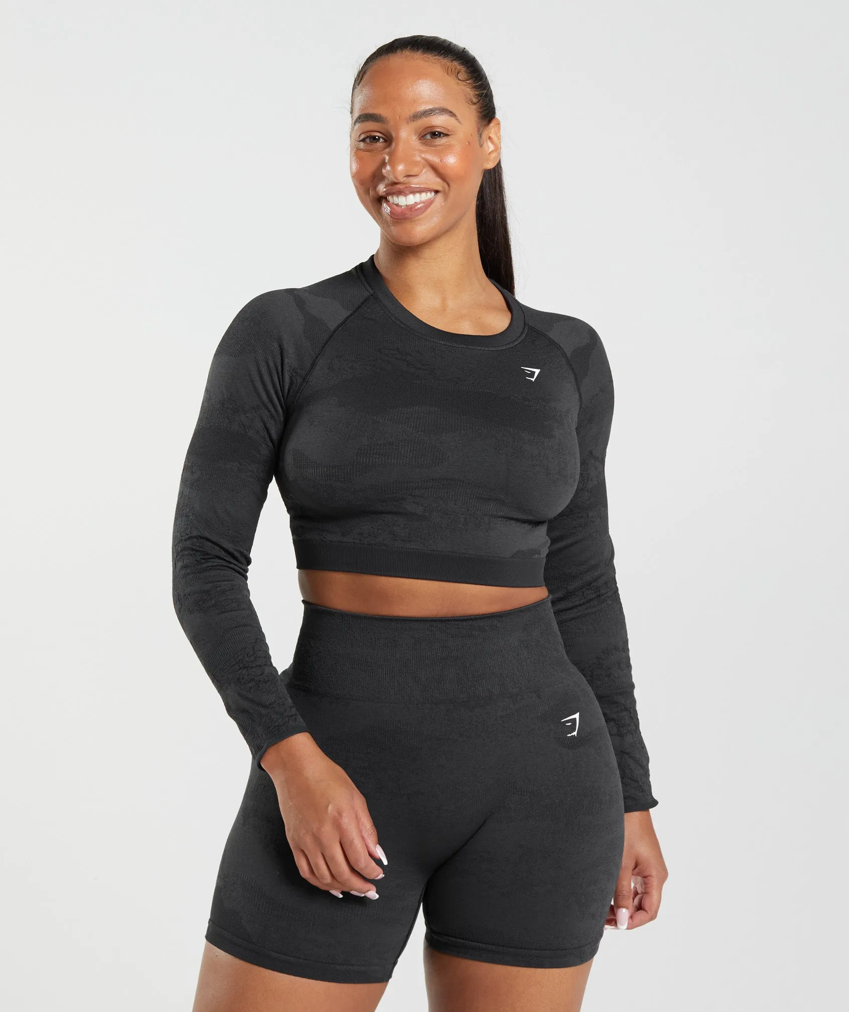 Gymshark Adapt Camo Seamless Lace Up Back Top - Black/Onyx Grey