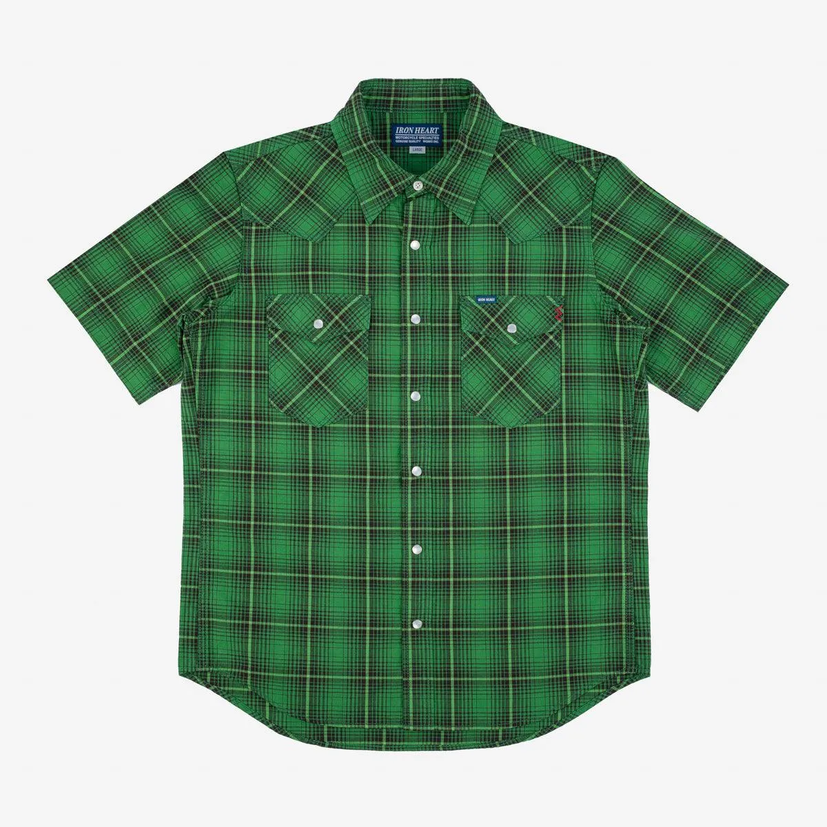 Iron Heart IHSH-386-GRN 5oz Selvedge Short Sleeved Western Shirt - Green Vintage Check