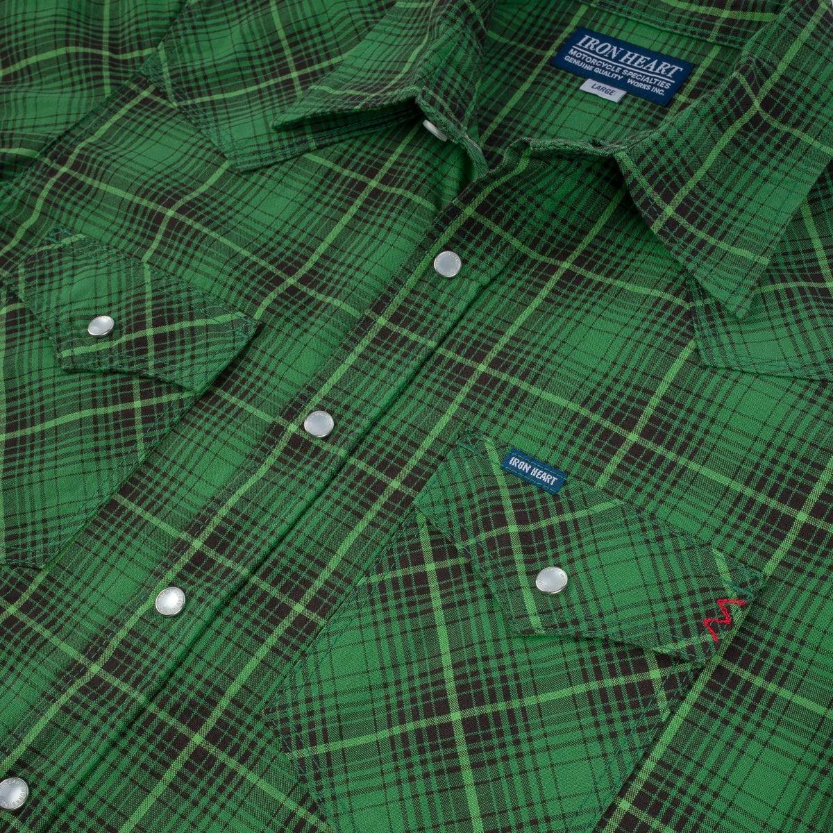 Iron Heart IHSH-386-GRN 5oz Selvedge Short Sleeved Western Shirt - Green Vintage Check