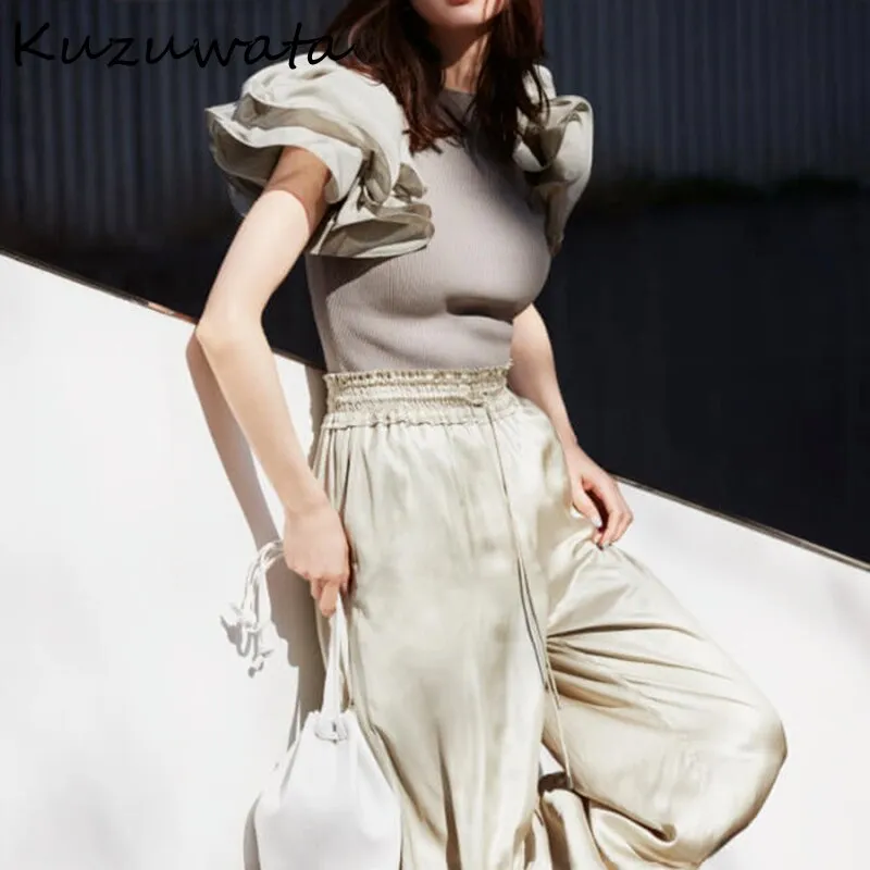 Joskaa Christmas Gift Kuzuwata O Neck Ruffles Short Sleeve Solid Blouse Women Slim Fit Knit Work Style Ol Simple Blusas Summer 2024 New Shirt Feminino
