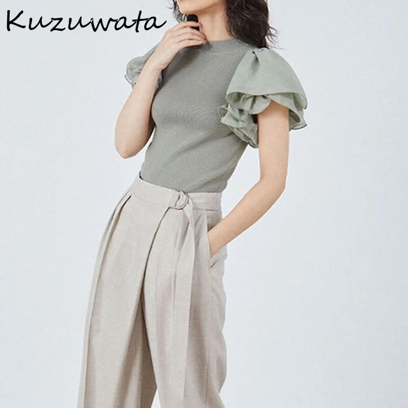 Joskaa Christmas Gift Kuzuwata O Neck Ruffles Short Sleeve Solid Blouse Women Slim Fit Knit Work Style Ol Simple Blusas Summer 2024 New Shirt Feminino