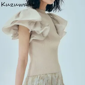 Joskaa Christmas Gift Kuzuwata O Neck Ruffles Short Sleeve Solid Blouse Women Slim Fit Knit Work Style Ol Simple Blusas Summer 2024 New Shirt Feminino