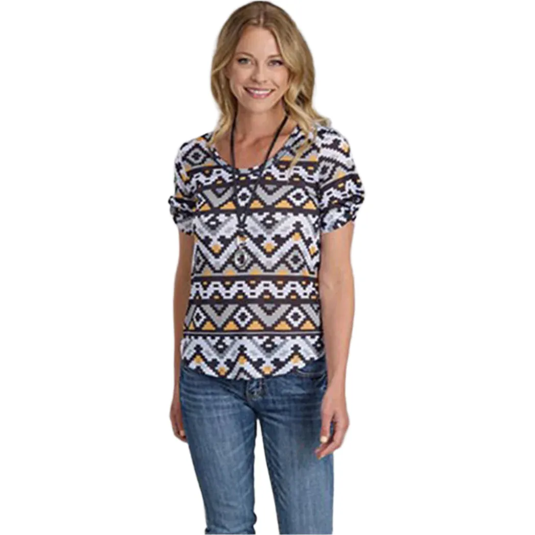 Karman Women's Multicolor Aztec Short Sleeve Top