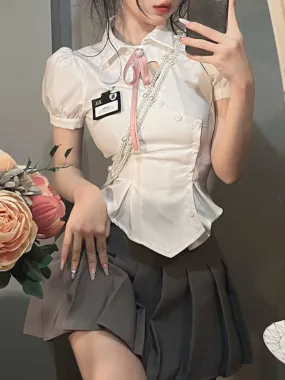 Korean Slim White Shirt Tunics Woman Sexy Heart Hollow Out Cute Puff Sleeve School Shirt Preppy Style Tops Jk Uniform