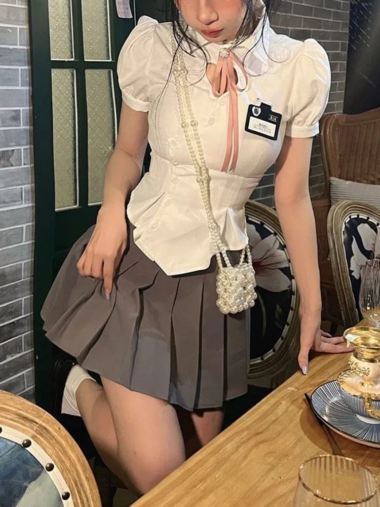 Korean Slim White Shirt Tunics Woman Sexy Heart Hollow Out Cute Puff Sleeve School Shirt Preppy Style Tops Jk Uniform