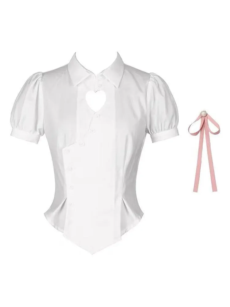 Korean Slim White Shirt Tunics Woman Sexy Heart Hollow Out Cute Puff Sleeve School Shirt Preppy Style Tops Jk Uniform