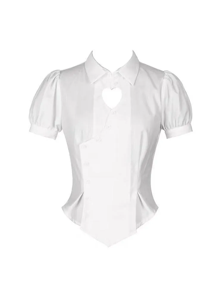 Korean Slim White Shirt Tunics Woman Sexy Heart Hollow Out Cute Puff Sleeve School Shirt Preppy Style Tops Jk Uniform