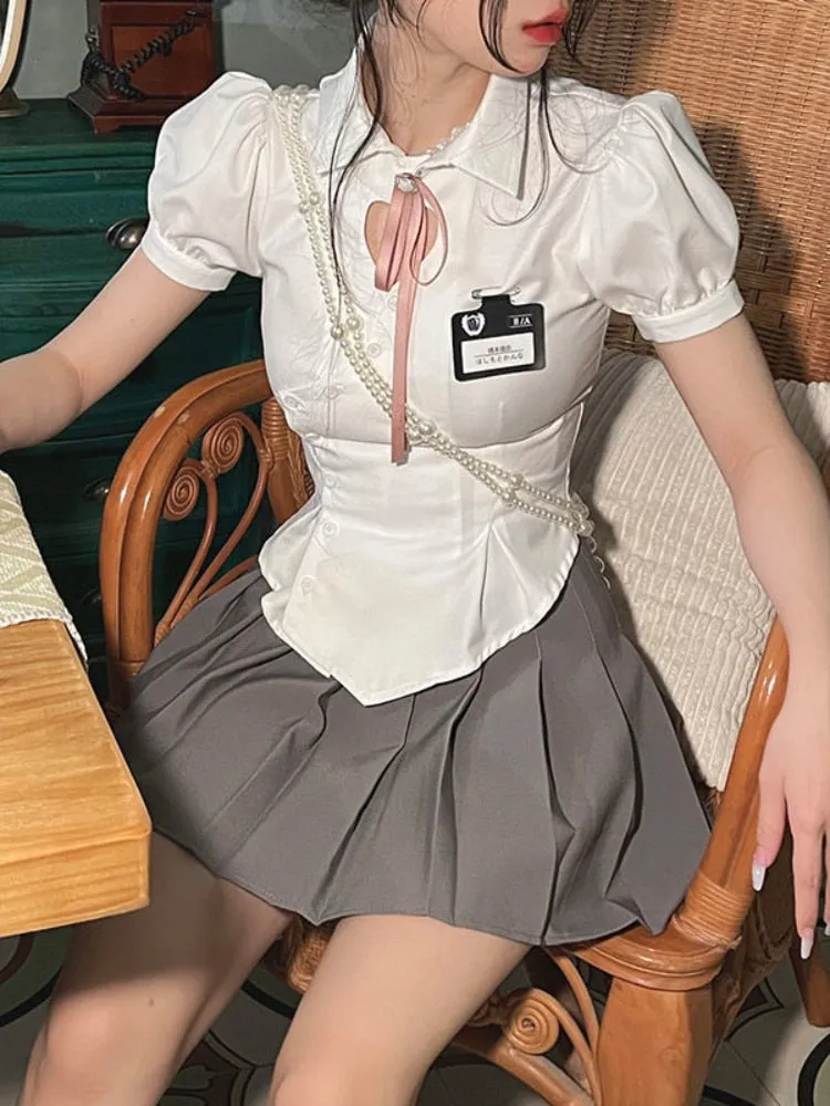 Korean Slim White Shirt Tunics Woman Sexy Heart Hollow Out Cute Puff Sleeve School Shirt Preppy Style Tops Jk Uniform
