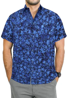 LA LEELA Men's Wear Summer Everyday Essentials Holiday Casual  Shirt 100% NATURAL COTTON  star hand Printed Navy Blue Hawaiian shirt