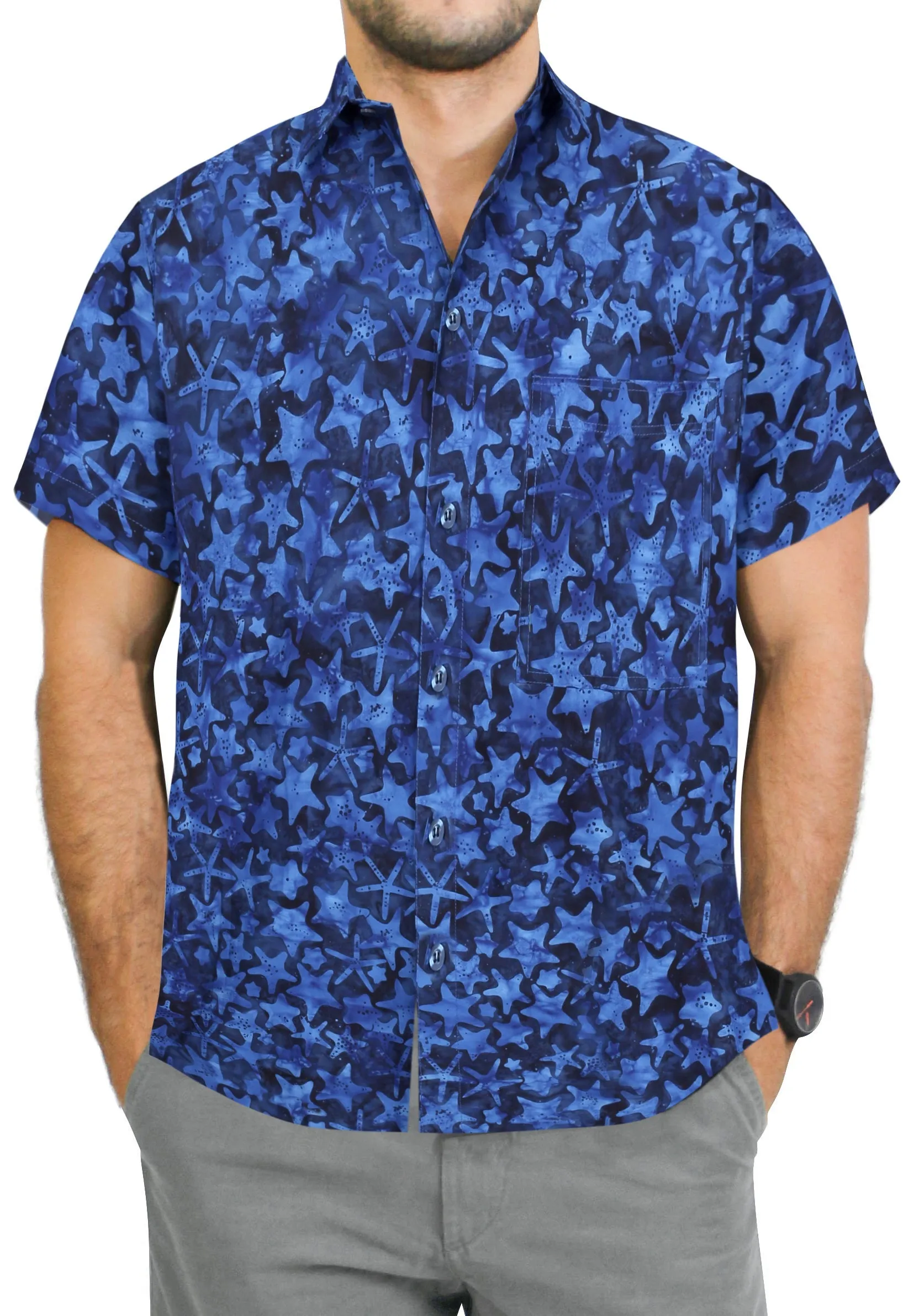 LA LEELA Men's Wear Summer Everyday Essentials Holiday Casual  Shirt 100% NATURAL COTTON  star hand Printed Navy Blue Hawaiian shirt