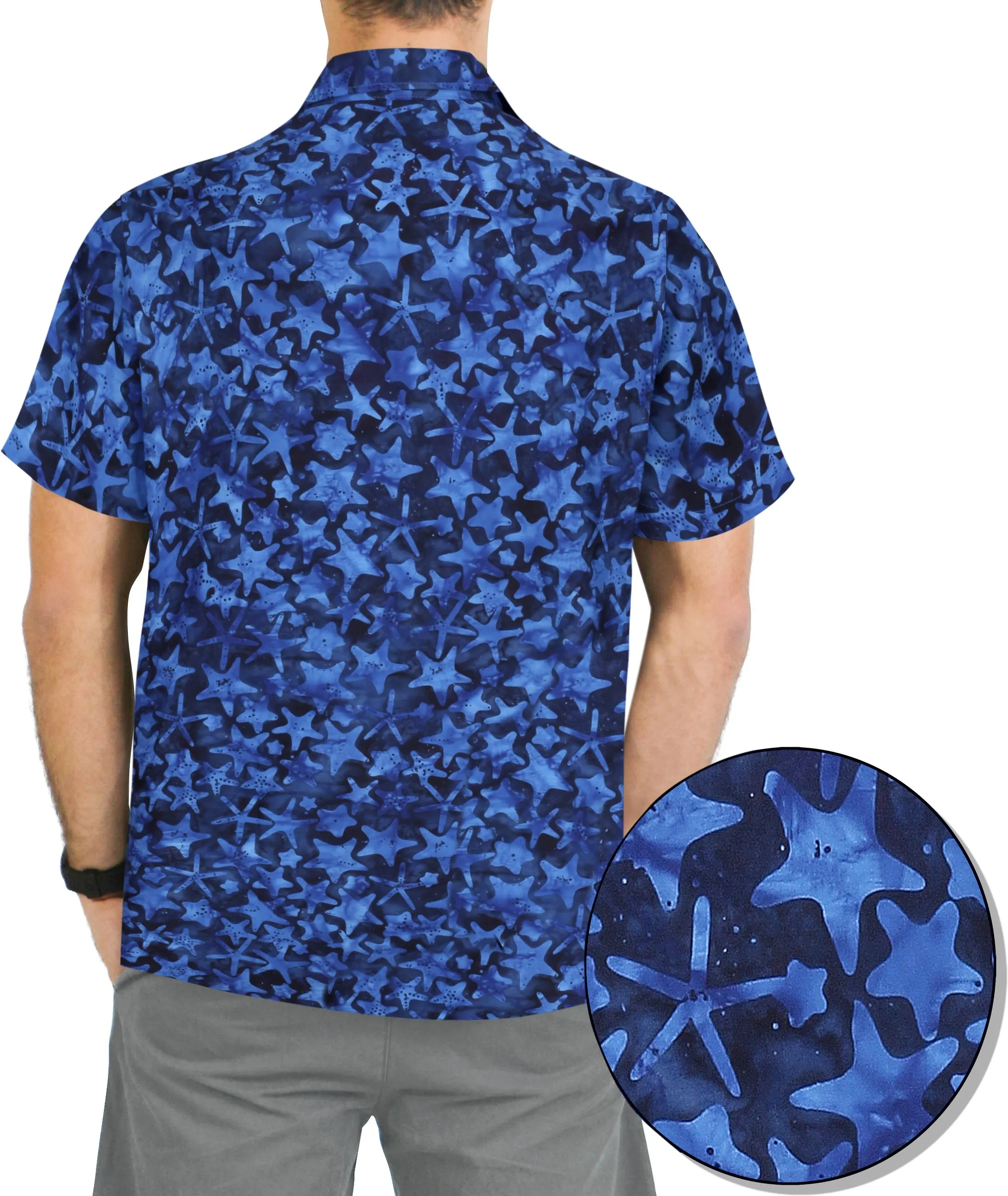 LA LEELA Men's Wear Summer Everyday Essentials Holiday Casual  Shirt 100% NATURAL COTTON  star hand Printed Navy Blue Hawaiian shirt