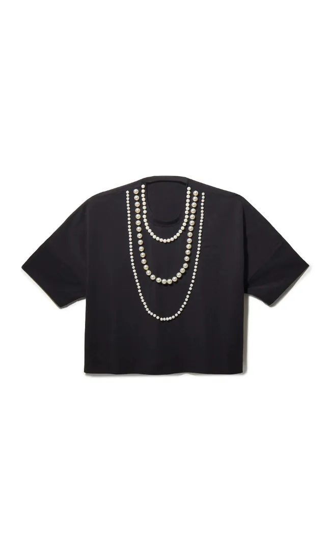 Lele Sadoughi Jet Short- Sleeve Pearl Embellished Strand Tee