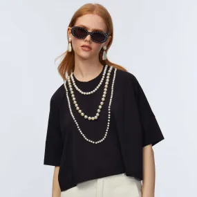 Lele Sadoughi Jet Short- Sleeve Pearl Embellished Strand Tee