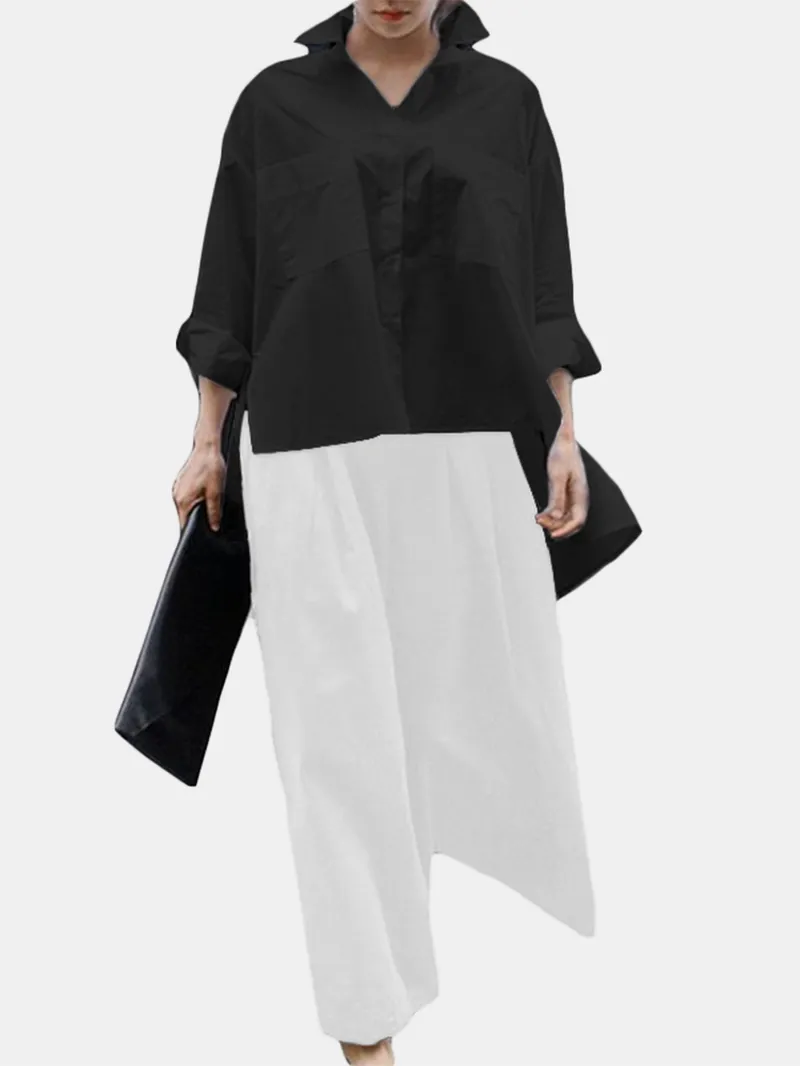 Long Sleeve Solid Color Lapel Pocket Irregular Hem Shirts for Women