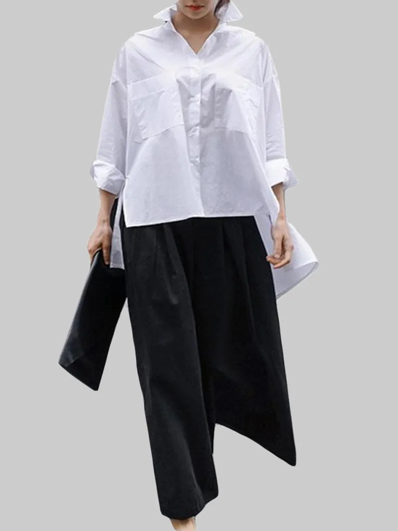 Long Sleeve Solid Color Lapel Pocket Irregular Hem Shirts for Women