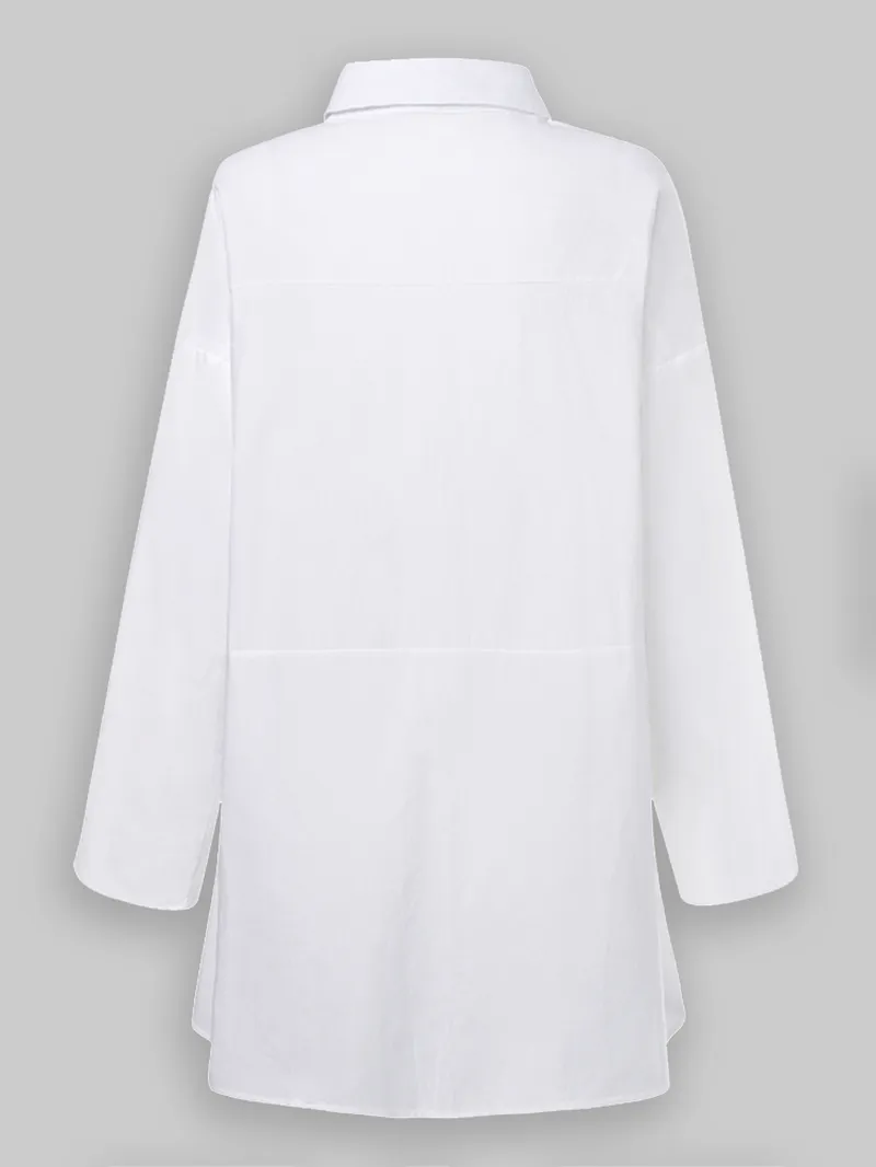 Long Sleeve Solid Color Lapel Pocket Irregular Hem Shirts for Women