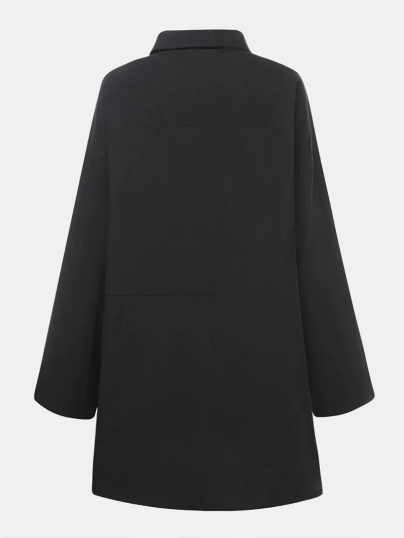 Long Sleeve Solid Color Lapel Pocket Irregular Hem Shirts for Women