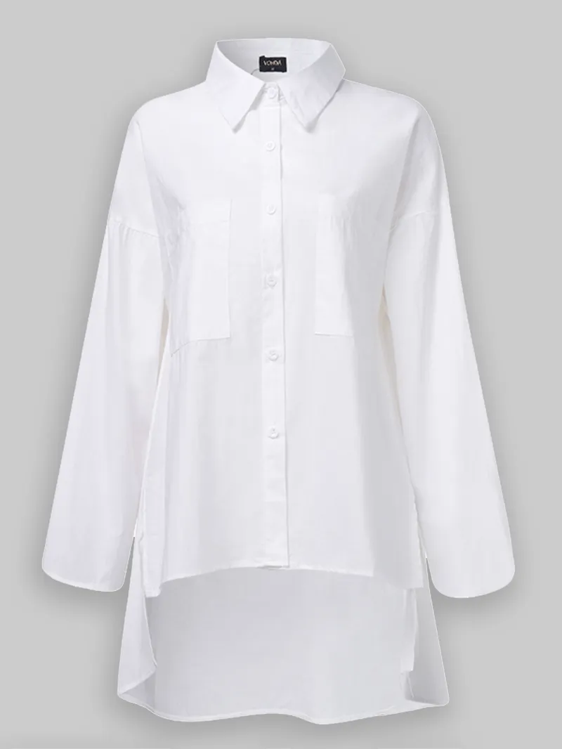 Long Sleeve Solid Color Lapel Pocket Irregular Hem Shirts for Women