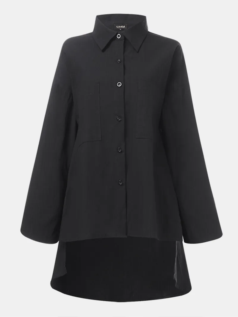 Long Sleeve Solid Color Lapel Pocket Irregular Hem Shirts for Women