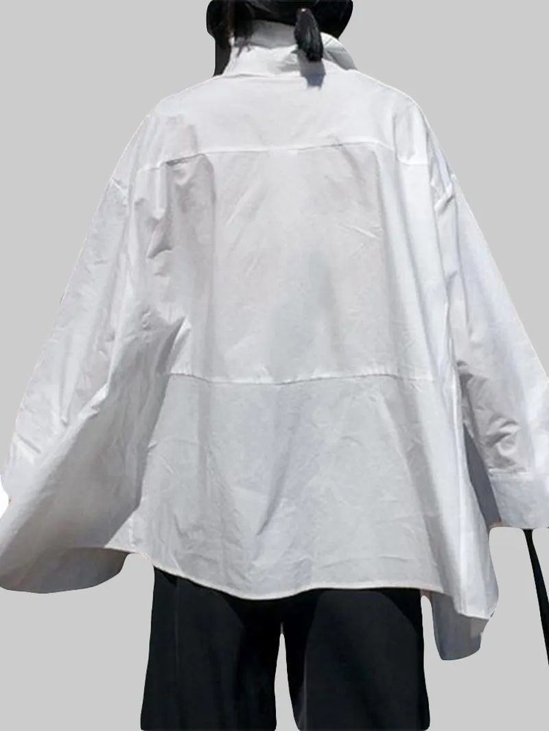 Long Sleeve Solid Color Lapel Pocket Irregular Hem Shirts for Women