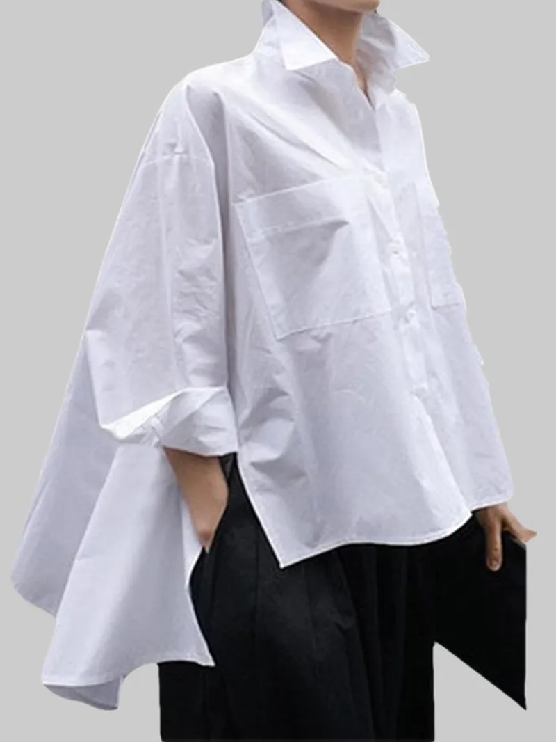 Long Sleeve Solid Color Lapel Pocket Irregular Hem Shirts for Women