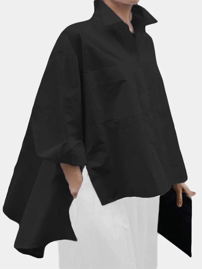 Long Sleeve Solid Color Lapel Pocket Irregular Hem Shirts for Women