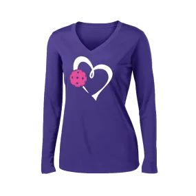 Love Pickleball (Pink) | Women's Long Sleeve V-Neck Pickleball Shirts | 100% Polyester