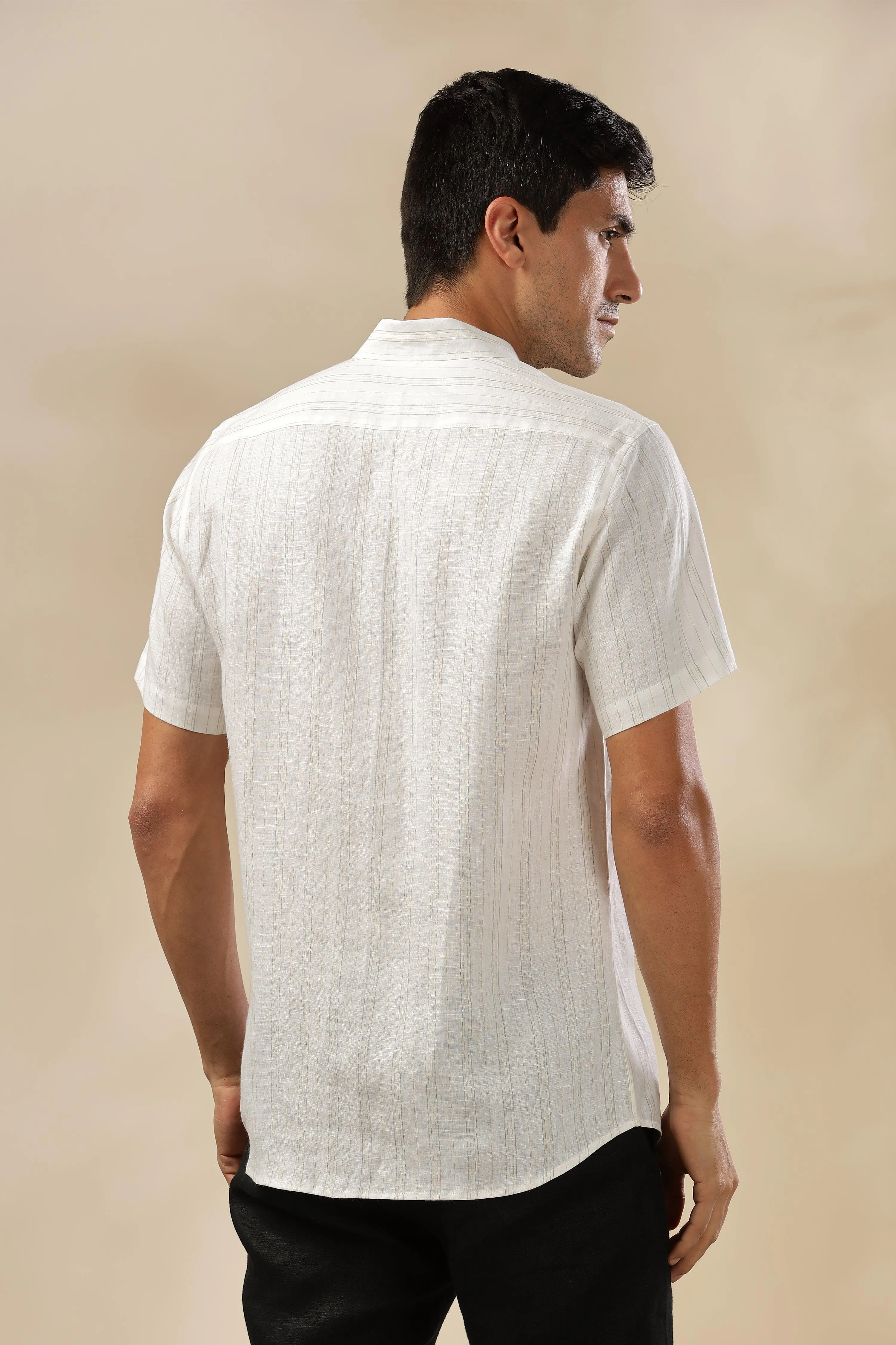 MARK - Everyday Essential 100 % Pure Linen Grey & Yellow Stripe Shirt Short Sleeves