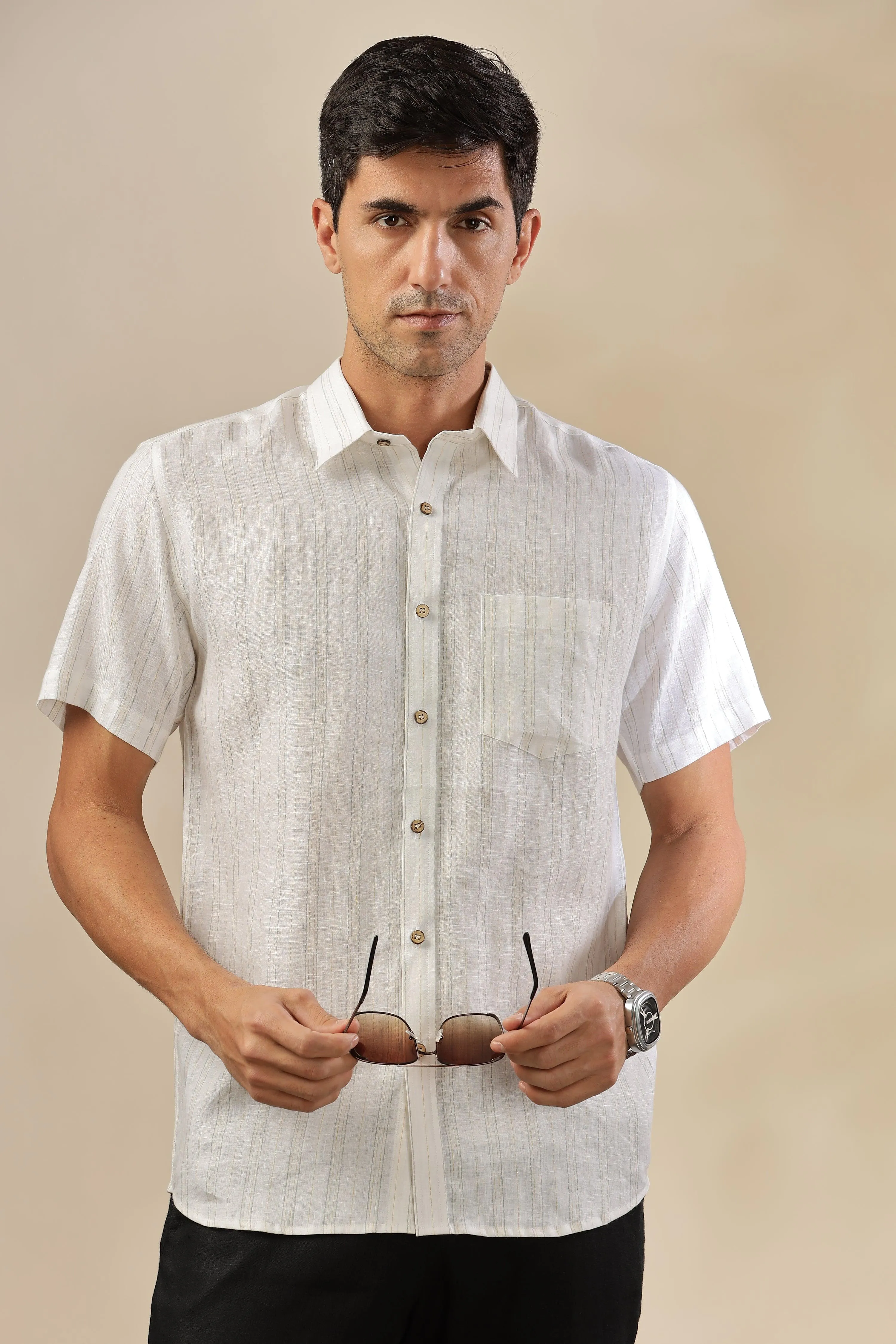 MARK - Everyday Essential 100 % Pure Linen Grey & Yellow Stripe Shirt Short Sleeves