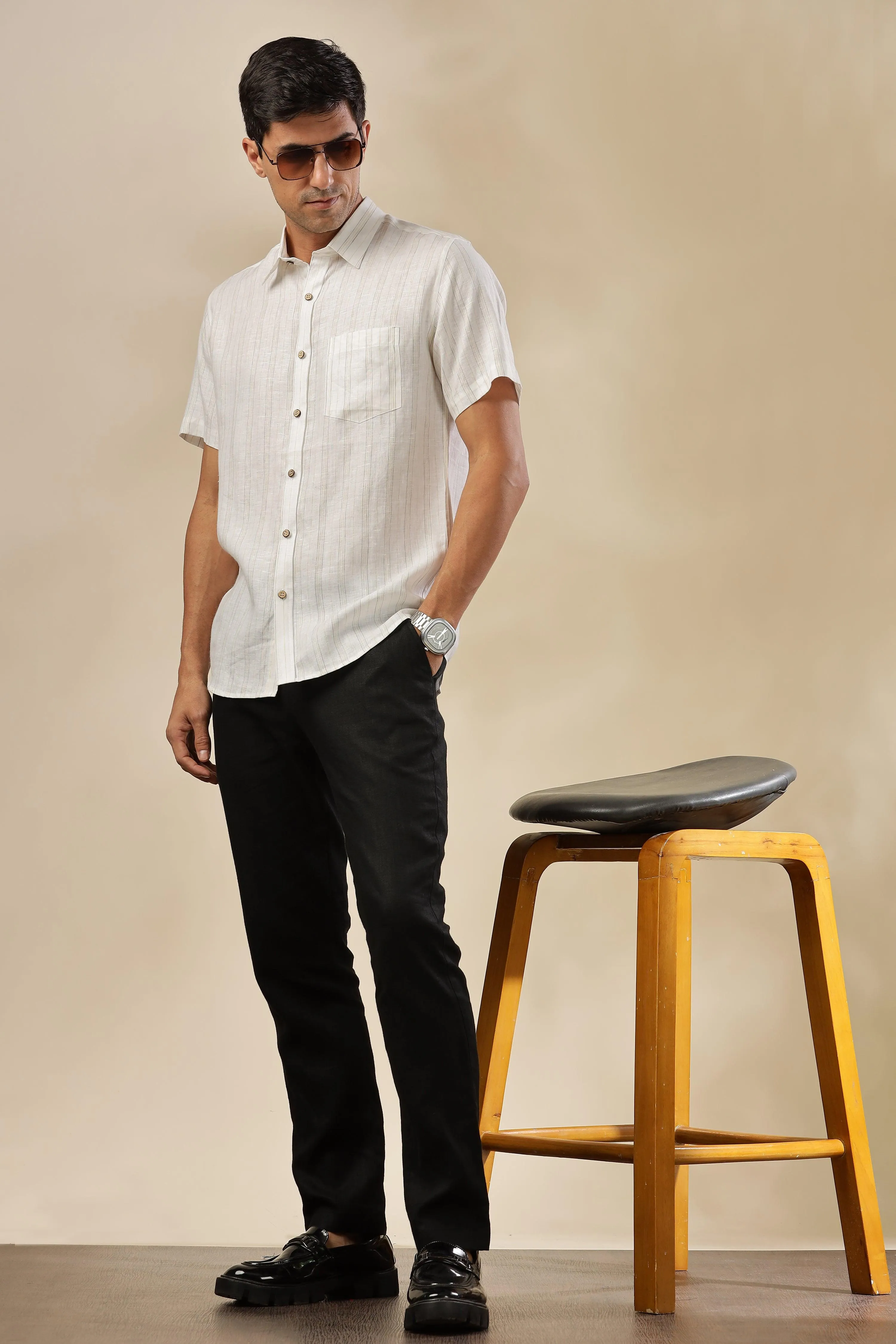 MARK - Everyday Essential 100 % Pure Linen Grey & Yellow Stripe Shirt Short Sleeves