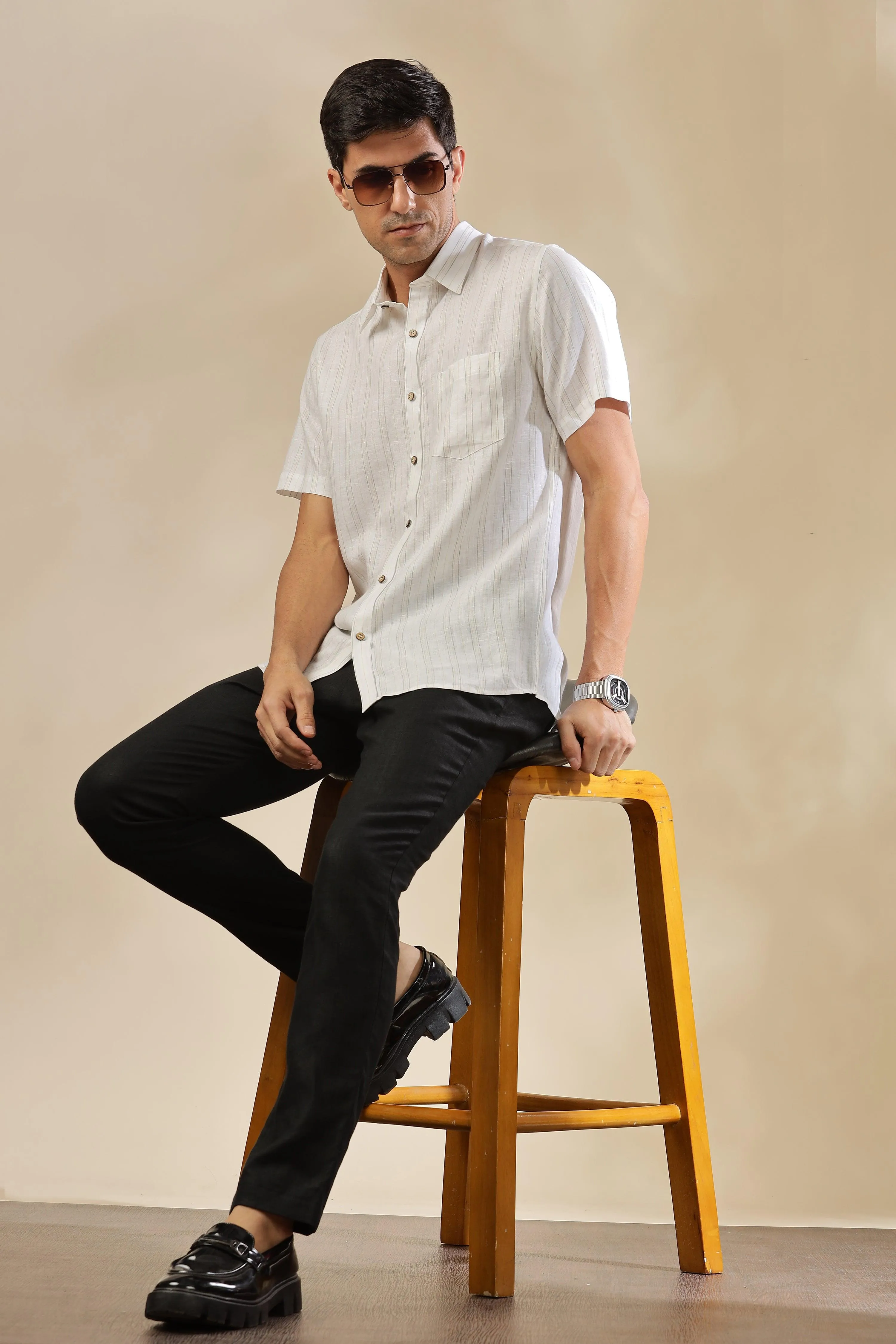 MARK - Everyday Essential 100 % Pure Linen Grey & Yellow Stripe Shirt Short Sleeves