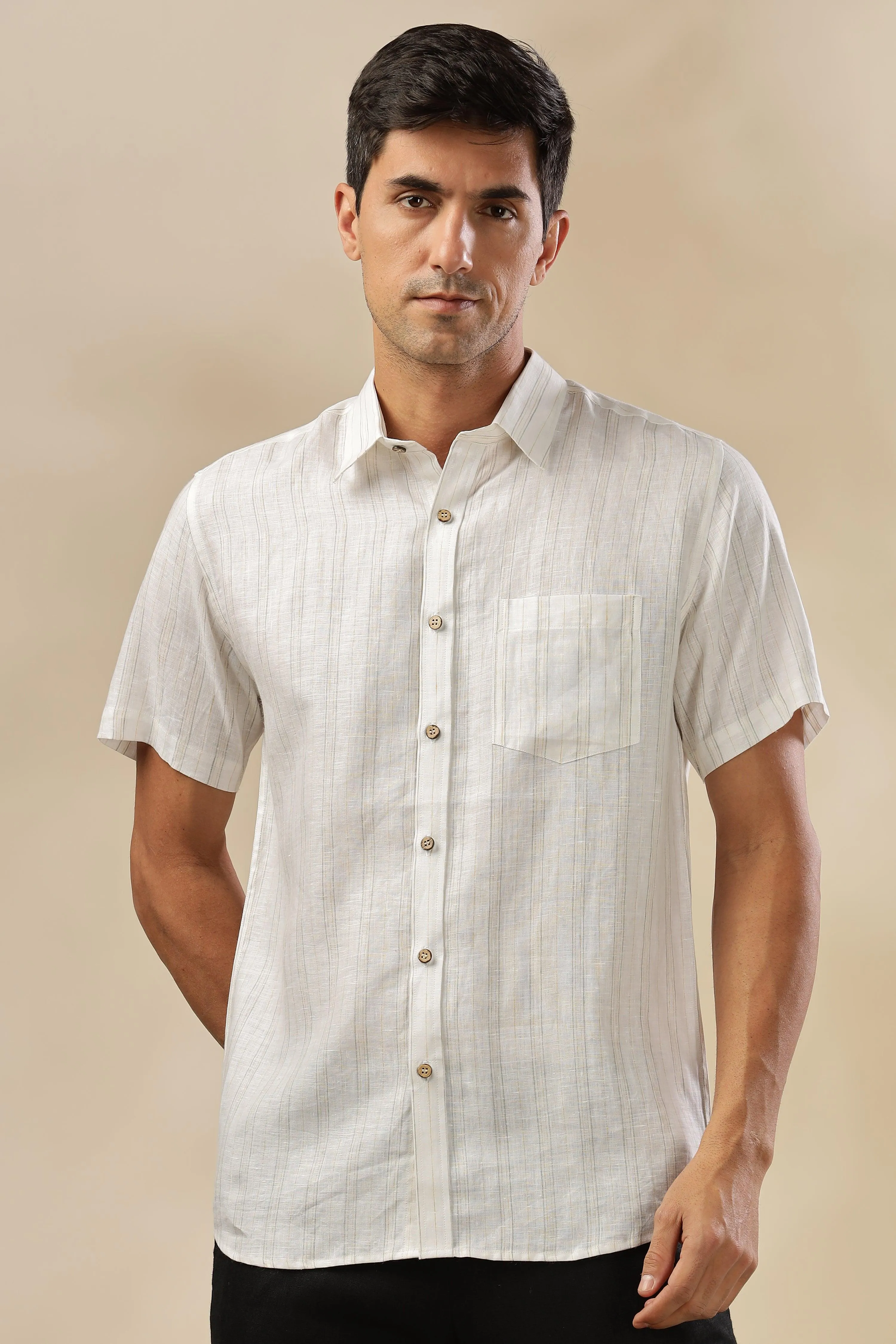 MARK - Everyday Essential 100 % Pure Linen Grey & Yellow Stripe Shirt Short Sleeves