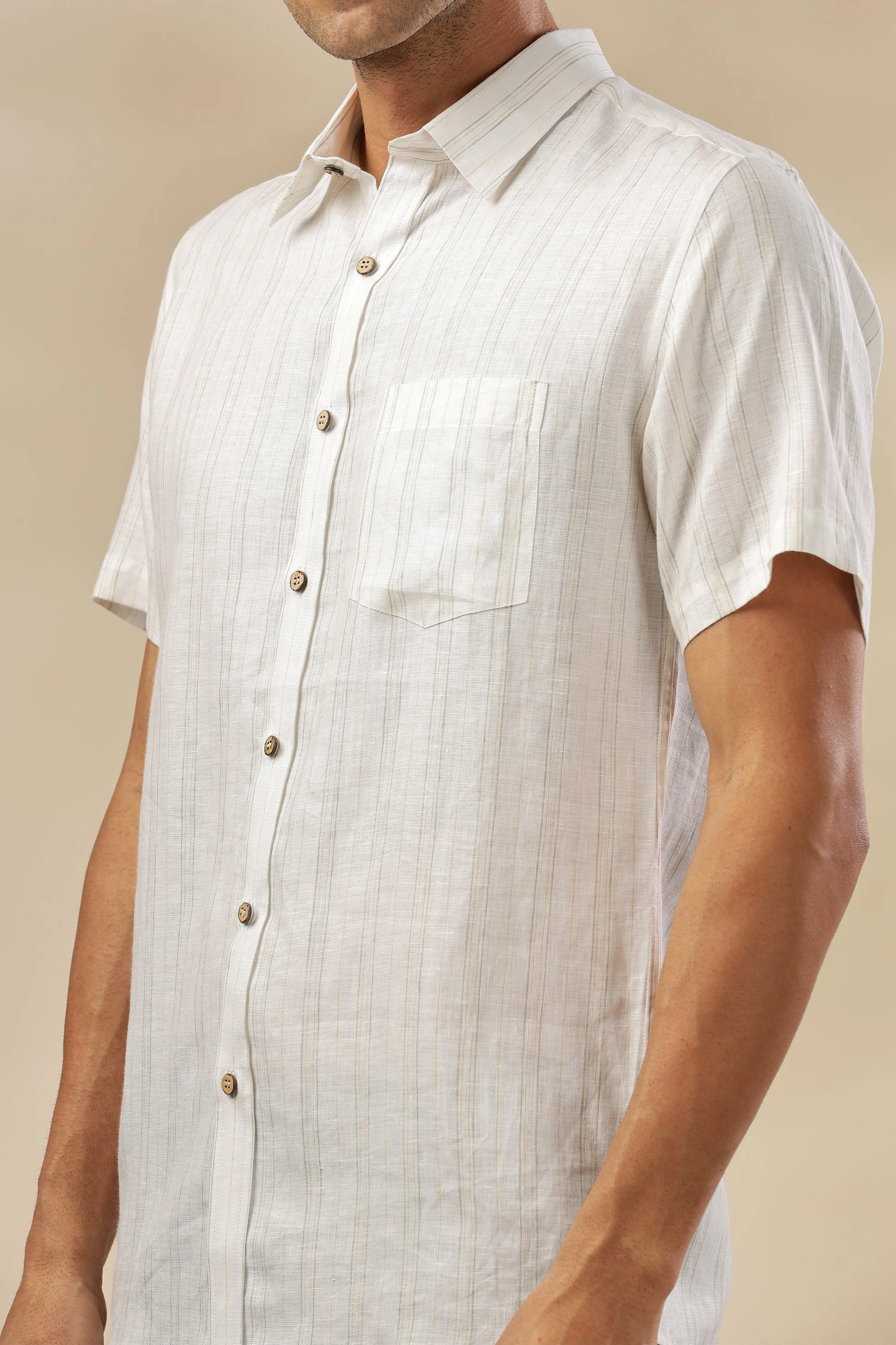 MARK - Everyday Essential 100 % Pure Linen Grey & Yellow Stripe Shirt Short Sleeves