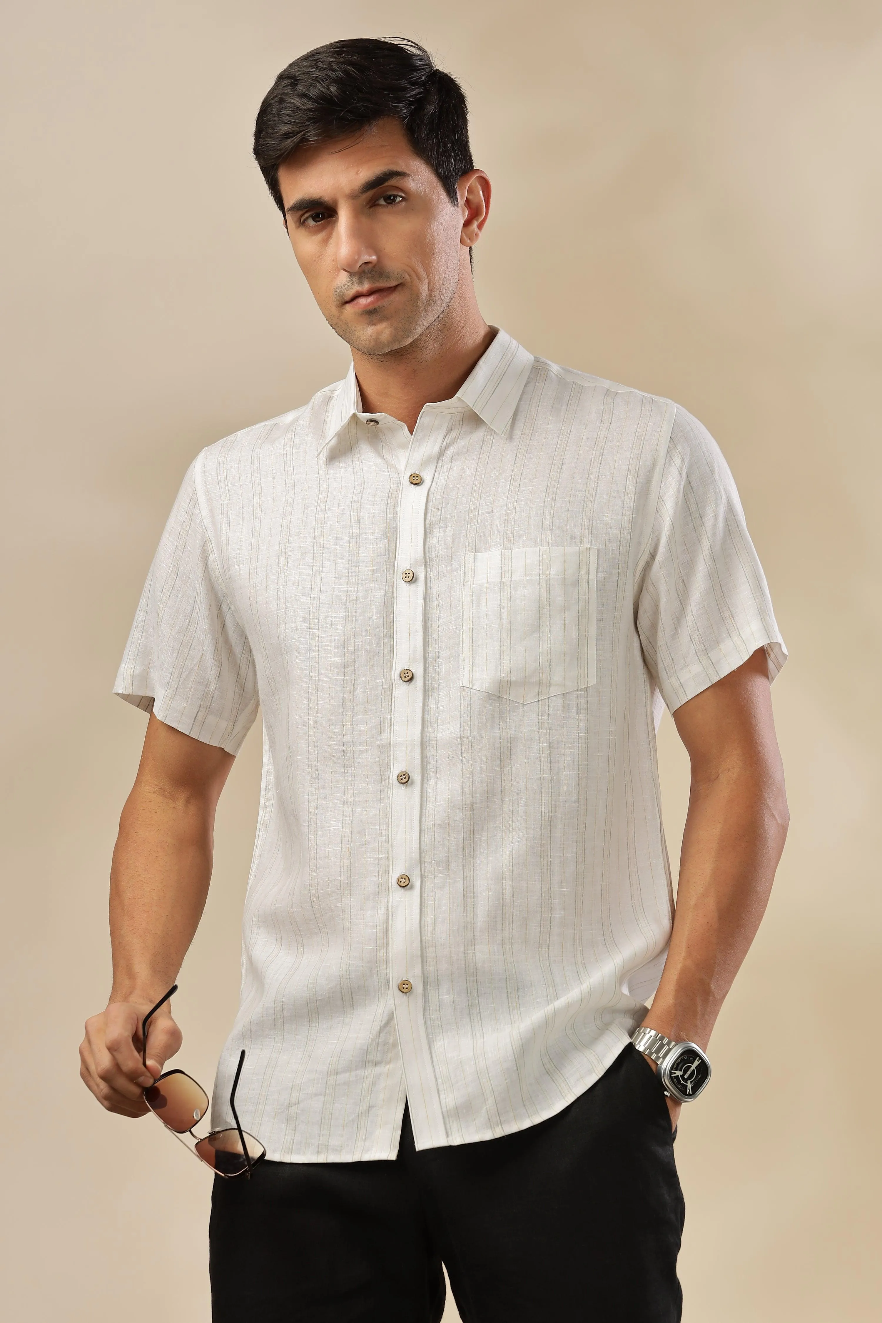 MARK - Everyday Essential 100 % Pure Linen Grey & Yellow Stripe Shirt Short Sleeves
