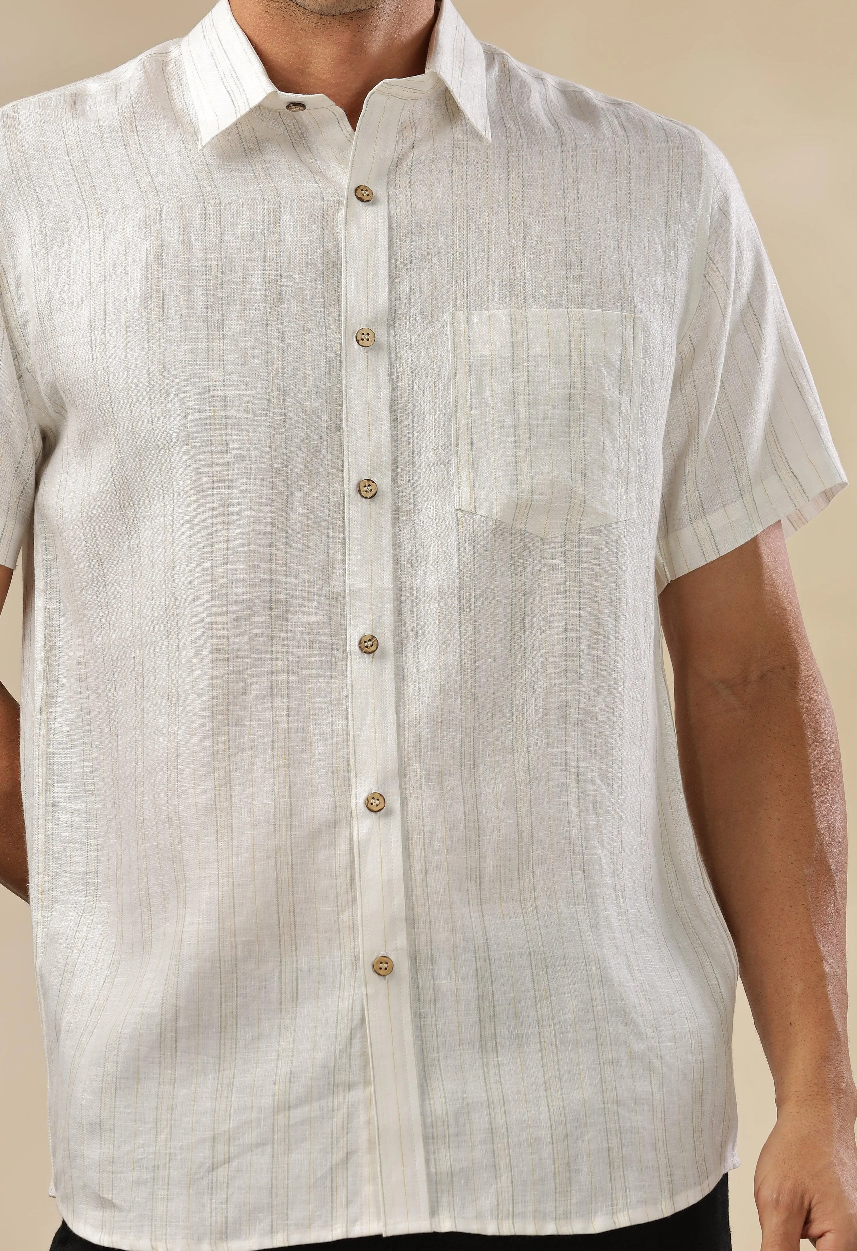 MARK - Everyday Essential 100 % Pure Linen Grey & Yellow Stripe Shirt Short Sleeves