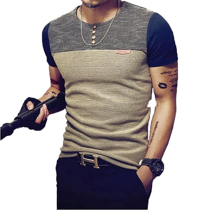 Men Cotton Casual Patchwork Short Sleeve Shirt