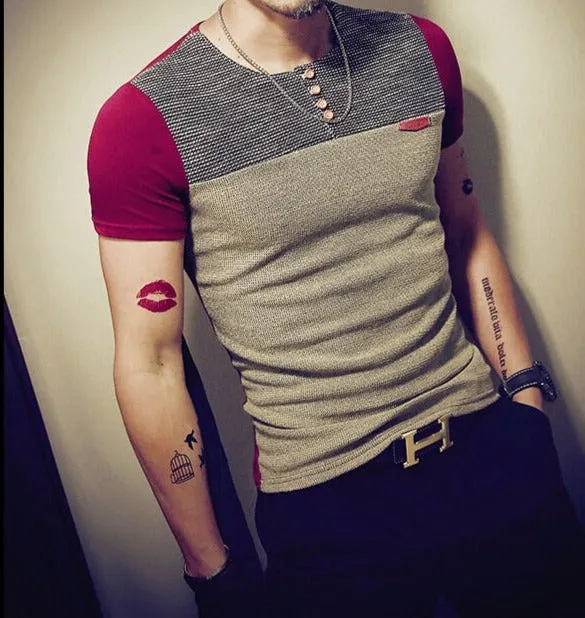 Men Cotton Casual Patchwork Short Sleeve Shirt